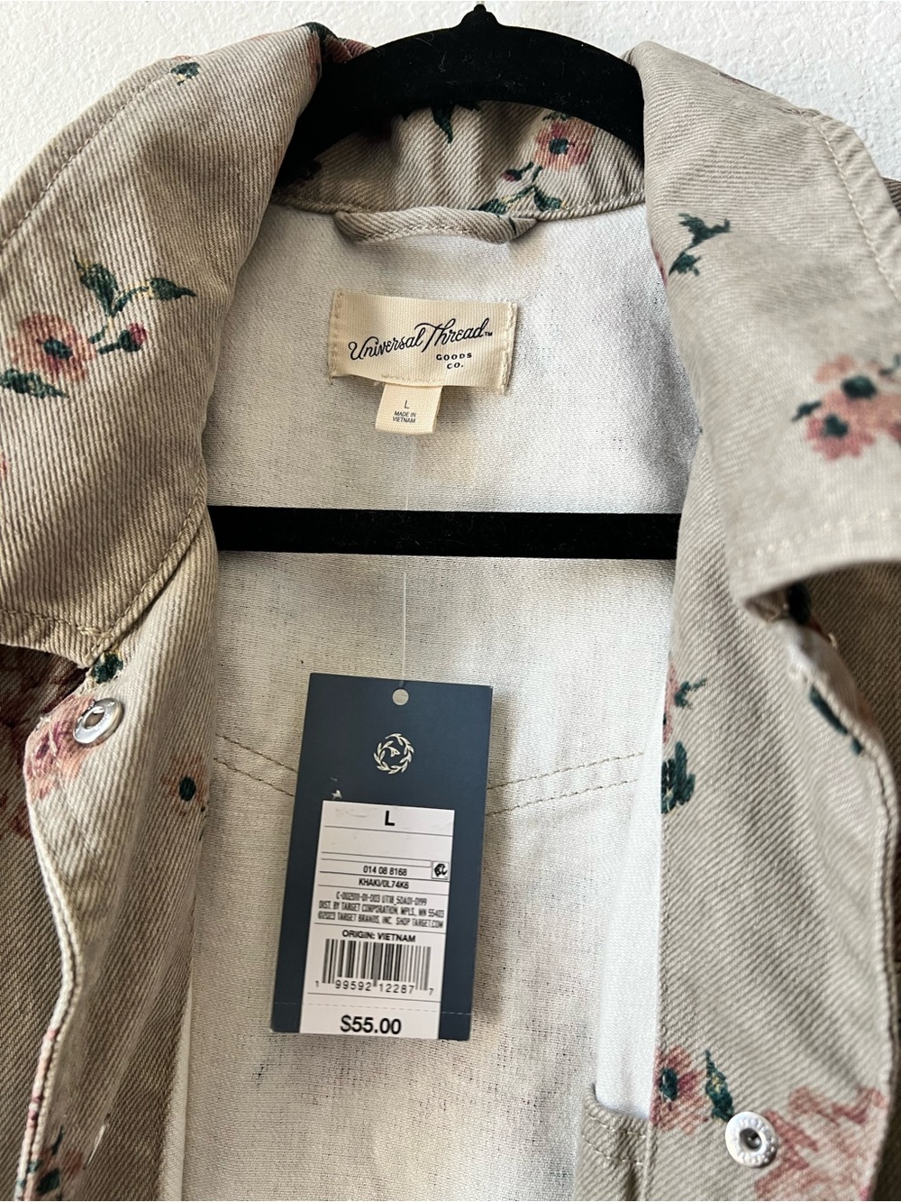 Floral Beige Jean Jacket with Pink Blossoms. 
Slightly oversized. Great for fall - Picture 4 of 11